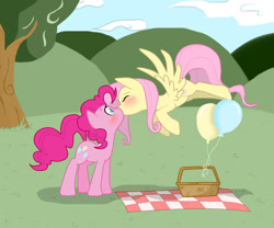 Size: 1024x853 | Tagged: safe, artist:mikathelemur, fluttershy, pinkie pie, earth pony, pegasus, pony, balloon, blushing, female, flutterpie, kissing, lesbian, shipping