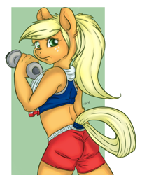 Size: 800x909 | Tagged: safe, artist:fen-fen, applejack, anthro, alternate hairstyle, clothes, gym, looking back, midriff, solo, sports bra, sports shorts, towel, weight lifting, weights, workout