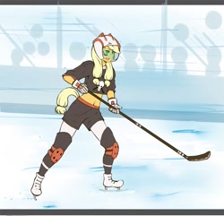 Size: 900x869 | Tagged: safe, artist:meowbox3, applejack, anthro, belly button, helmet, hockey, hockey stick, ice skating, midriff, nhl