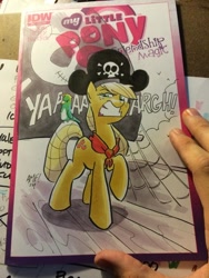 Size: 600x800 | Tagged: safe, artist:tonyfleecs, applejack, earth pony, parrot, pony, bicorne, hat, pirate, pirate ship, solo, traditional art