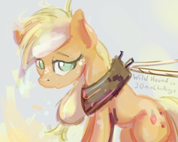 Size: 1280x1024 | Tagged: safe, artist:ruby, applejack, earth pony, pony, hatless, missing accessory, sitting, solo, tired, yoke