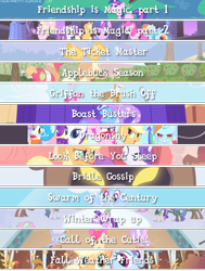 Size: 540x714 | Tagged: safe, artist:your-pretty-cupcake, derpibooru import, edit, edited screencap, part of a series, screencap, applejack, fluttershy, pinkie pie, rainbow dash, rarity, twilight sparkle, earth pony, pegasus, pony, unicorn, applebuck season, boast busters, bridle gossip, call of the cutie, dragonshy, fall weather friends, friendship is magic, griffon the brush off, look before you sleep, swarm of the century, the ticket master, winter wrap up, mane six, text