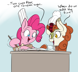 Size: 2400x2200 | Tagged: safe, artist:rocket-lawnchair, derpibooru import, autumn blaze, pinkie pie, earth pony, kirin, pony, baking, book, bowl, chef's hat, cookbook, cute, dialogue, duo, egg, female, friendshipping, hat, high res, hoof hold, mare, measuring cup, mixing bowl, no pupils, reading, this will end in fire, this will end in nirik