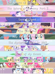 Size: 540x714 | Tagged: safe, artist:your-pretty-cupcake, derpibooru import, edit, edited screencap, part of a series, screencap, applejack, fluttershy, pinkie pie, rainbow dash, rarity, spike, twilight sparkle, dragon, earth pony, pegasus, pony, unicorn, baby cakes, family appreciation day, lesson zero, luna eclipsed, may the best pet win, secret of my excess, sisterhooves social, sweet and elite, the cutie pox, the mysterious mare do well, the return of harmony, mane six, text, wall of tags