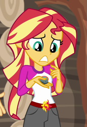 Size: 739x1079 | Tagged: safe, screencap, flash sentry, sunset shimmer, equestria girls, legend of everfree, camp everfree outfits, clothes, cropped, female, offscreen character, rock, shorts