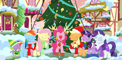 Size: 3492x1718 | Tagged: safe, artist:porygon2z, derpibooru import, applejack, fluttershy, pinkie pie, rainbow dash, rarity, spike, twilight sparkle, dragon, earth pony, pegasus, pony, unicorn, bell, candy, candy cane, christmas, food, hearth's warming, hearth's warming tree, holiday, mane seven, mane six, red nose, singing, snow, song, tree, wreath