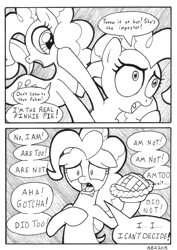 Size: 851x1200 | Tagged: safe, artist:abronyaccount, pinkie pie, earth pony, pony, too many pinkie pies, clone, comic, lineart, monochrome, pie, spot the imposter