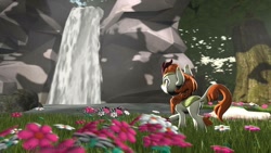 Size: 1280x720 | Tagged: safe, artist:xvclumsybusponevx, autumn blaze, kirin, 3d, flower, solo, waterfall