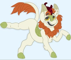 Size: 944x800 | Tagged: safe, artist:c_owokie, autumn blaze, kirin, cloven hooves, female, horn, leonine tail, looking up, open mouth, smiling, solo