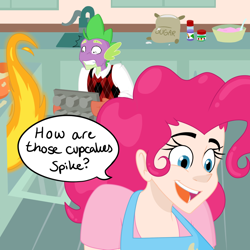 Size: 900x900 | Tagged: safe, artist:tralalayla, pinkie pie, spike, anthro, human, cooking, fire, humanized, kitchen