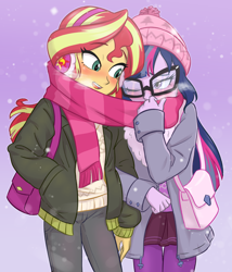 Size: 1200x1400 | Tagged: safe, artist:ta-na, sci-twi, sunset shimmer, twilight sparkle, equestria girls, blushing, clothes, coat, cute, daaaaaaaaaaaw, female, glasses, lesbian, scarf, scitwishimmer, shared clothing, shared scarf, shipping, sunsetsparkle