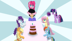 Size: 3264x1836 | Tagged: safe, artist:alexander56910, derpibooru import, applejack, fluttershy, pinkie pie, rainbow dash, rarity, twilight sparkle, twilight sparkle (alicorn), alicorn, human, pony, cake, female, mare, table