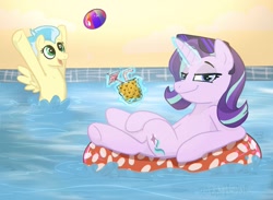 Size: 1125x825 | Tagged: safe, artist:rabbitasaur, starlight glimmer, pony, ball, canada, inflatable tube, smug, smuglight glimmer, swimming pool, vanhoover, vanhoover pony expo 2020, water