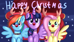 Size: 1280x720 | Tagged: safe, artist:jbond, derpibooru import, fluttershy, rainbow dash, twilight sparkle, twilight sparkle (alicorn), alicorn, deer pony, original species, pegasus, pony, christmas, holiday, postcard, red nose, rudolph dash, sleigh, text