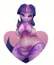 Size: 2807x3319 | Tagged: safe, artist:twi_paww, twilight sparkle, unicorn twilight, pony, unicorn, bipedal, clothes, cute, eyes closed, happy, heart, heart hooves, smiling, solo, sweater, thank you, twiabetes, wide hips