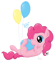 Size: 1243x1342 | Tagged: safe, artist:fribox, pinkie pie, earth pony, pony, balloon, female, filly, nom, on back, signature, simple background, solo, white background, younger