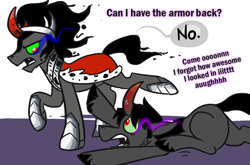 Size: 500x329 | Tagged: source needed, useless source url, safe, artist:wiggles, derpibooru import, king sombra, pony, unicorn, antagonist, ask king sombra, crystal empire, curved horn, dark magic, duality, self ponidox, sombra eyes