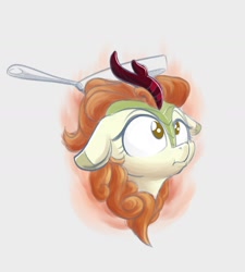 Size: 1280x1423 | Tagged: safe, artist:rocket-lawnchair, autumn blaze, kirin, female, floppy ears, frying pan, imminent nirik, mundane utility, solo, this will end in fire, this will end in nirik