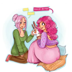 Size: 2000x2000 | Tagged: safe, artist:superlucky13, fluttershy, pinkie pie, human, rabbit, clothes, humanized, sweater, sweatershy