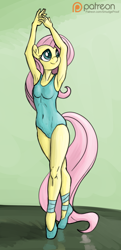 Size: 1000x2070 | Tagged: safe, artist:smudge proof, fluttershy, anthro, pegasus, plantigrade anthro, armpits, ballet, breasts, delicious flat chest, female, flattershy, leotard, looking to side, looking to the right, looking up, mare, patreon, patreon logo, sketch, skinny, smiling, solo, wingless, wingless anthro