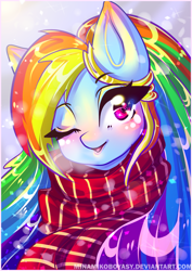 Size: 2893x4092 | Tagged: safe, artist:minamikoboyasy, derpibooru import, rainbow dash, pegasus, pony, anime, blushing, clothes, female, heart eyes, lips, mare, one eye closed, open mouth, red scarf, scarf, solo, url, watermark, wingding eyes, wink