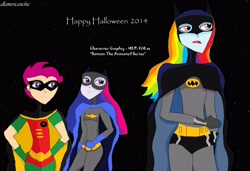 Size: 4292x2944 | Tagged: safe, artist:allamericanchic, derpibooru import, rainbow dash, scootaloo, twilight sparkle, equestria girls, batgirl, batman, batman and robin, batman the animated series, crossover, halloween, humanized, robin