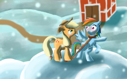 Size: 1600x1000 | Tagged: safe, artist:tikini, derpibooru import, applejack, rainbow dash, earth pony, pegasus, pony, appledash, barn, biting, clothes, female, lesbian, scarf, shipping, wing bite, winter