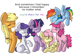 Size: 1280x929 | Tagged: safe, artist:rue-willings, derpibooru import, part of a set, applejack, fluttershy, pinkie pie, rainbow dash, rarity, twilight sparkle, equestria girls, alternate hairstyle, friendship, hatless, mane six, missing accessory, missing cutie mark, text