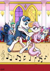 Size: 1637x2315 | Tagged: safe, artist:pony-berserker, derpibooru import, fancypants, fleur-de-lis, kibitz, princess celestia, princess luna, alicorn, pony, unicorn, background pony, ballroom, ballroom dancing, bipedal, clothes, dancing, duo focus, eye contact, fancyfleur, female, i can't believe it's not idw, looking at each other, male, mare, music notes, royal sisters, shipping, smiling, smiling at each other, stallion, straight