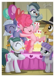 Size: 1021x1417 | Tagged: safe, artist:mysticalpha, cloudy quartz, igneous rock pie, limestone pie, marble pie, maud pie, pinkie pie, earth pony, pony, balloon, cake, eyes closed, female, filly, male, mare, open mouth, pie family, pie sisters, quartzrock, siblings, sisters, stallion, table, younger