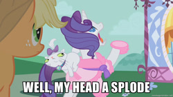 Size: 1280x720 | Tagged: safe, applejack, opalescence, rarity, earth pony, pony, unicorn, homestar runner, image macro, insanity, meme