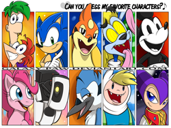 Size: 800x600 | Tagged: safe, artist:dynamo-deepblue, derpibooru exclusive, pinkie pie, earth pony, pony, adventure time, crash bandicoot, crossover, disney, disney style, ferb fletcher, finn the human, floatzel, glados, meme, mickey mouse, mordecai, nights, nights into dreams, phineas and ferb, phineas flynn, pokémon, portal (valve), regular show, ripper roo, sonic the hedgehog, sonic the hedgehog (series), style emulation