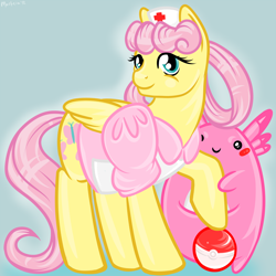 Size: 2000x2000 | Tagged: safe, artist:morti-macabre, fluttershy, pegasus, pony, chansey, crossover, flutternurse, nurse joy, pokémon