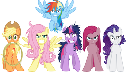 Size: 6000x3445 | Tagged: safe, artist:crunchnugget, derpibooru import, applejack, fluttershy, pinkie pie, rainbow dash, rarity, twilight sparkle, earth pony, pegasus, pony, unicorn, appletired, bloodshot eyes, elements of insanity, eye twitch, flutterrage, gritted teeth, insanity, looking at you, mane six, messy mane, mouth hold, pinkamena diane pie, psycho six, rainbow craze, rarisnap, run, simple background, slasher smile, snapplejack, spread wings, start running, stressity, transparent background, twilight snapple, vector, wings, wrong neighborhood, xk-class end-of-the-world scenario