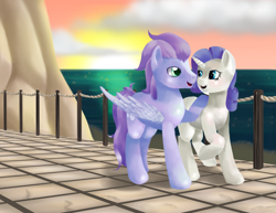 Size: 4400x3400 | Tagged: safe, artist:redember00, rarity, oc, oc:kydose, pegasus, pony, unicorn, beach, bridge, canon x oc, cloud, love, mountain, ocean, raridose, shipping, sunset