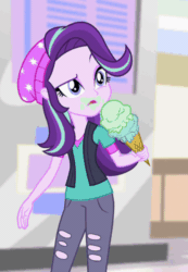 Size: 346x500 | Tagged: safe, screencap, starlight glimmer, equestria girls, mirror magic, spoiler:eqg specials, animated, beanie, clothes, cropped, eating, food, gif, hat, ice cream, messy eating, solo, that human sure does love ice cream