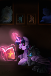 Size: 1726x2550 | Tagged: safe, artist:pridark, princess celestia, princess luna, twilight sparkle, twilight sparkle (alicorn), oc, alicorn, changeling, pony, book, fanfic art, female, hug, magic, mare, prone, telekinesis, winghug