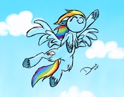 Size: 1400x1100 | Tagged: safe, artist:superdashiebros, derpibooru import, rainbow dash, pegasus, pony, eyes closed, flying, solo