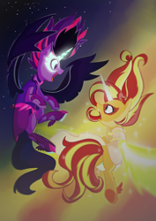 Size: 1280x1810 | Tagged: safe, artist:gintoki23, midnight sparkle, sci-twi, sunset shimmer, twilight sparkle, pony, equestria girls, friendship games, daydream shimmer, duo, equestria girls ponified, female, open mouth, ponified, profile