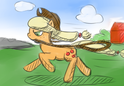 Size: 1000x696 | Tagged: safe, artist:fapalot, applejack, earth pony, pony, barn, frown, lasso, mouth hold, rope, running, solo, unamused, windswept mane