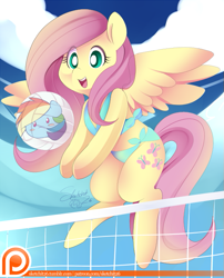 Size: 549x680 | Tagged: safe, artist:ende26, derpibooru import, fluttershy, rainbow dash, pegasus, pony, ball, bikini, clothes, net, open mouth, patreon, side-tie bikini, solo, swimsuit, volleyball