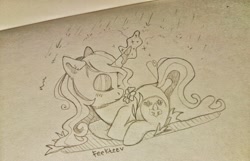 Size: 1280x825 | Tagged: safe, artist:feekteev, derpibooru import, fleur-de-lis, pony, flower, magic, monochrome, prone, rain, solo, traditional art