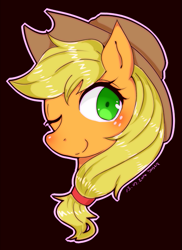 Size: 483x664 | Tagged: safe, artist:divided-s, applejack, earth pony, pony, bust, one eye closed, pixiv, portrait, solo, wink