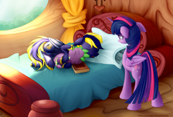 Size: 2516x1700 | Tagged: safe, artist:xn-d, derpibooru import, spike, twilight sparkle, twilight sparkle (alicorn), oc, oc:zephyr, alicorn, dragon, pony, canon x oc, cuddling, female, mare, sleeping, snuggling, spikelove, twiphyr