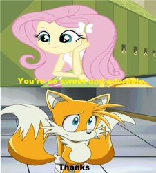 Size: 1284x1420 | Tagged: safe, screencap, fluttershy, equestria girls, copy and paste, crossover, fluttertails, image macro, meme, miles "tails" prower, sonic the hedgehog (series), sonic x