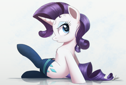 Size: 2207x1500 | Tagged: safe, artist:ncmares, rarity, pony, unicorn, chest fluff, clothes, crossed legs, cute, eyeshadow, female, looking at you, looking back, makeup, pinup, raribetes, simple background, sitting, socks, solo, white background