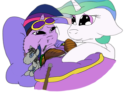 Size: 1280x992 | Tagged: safe, artist:firefanatic, princess celestia, smarty pants, twilight sparkle, alicorn, pony, boots, boots of the traveler, caring for the sick, fluffy, flux flu, goggles, goggles of revealing, minecraft, momlestia, sick, snot, thaumcraft, thermometer, wand