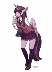 Size: 2200x3000 | Tagged: safe, artist:rd_3024, twilight sparkle, twilight sparkle (alicorn), alicorn, anthro, plantigrade anthro, clothes, cute, female, looking at you, mare, miniskirt, moe, necktie, pleated skirt, school uniform, shoes, simple background, skirt, socks, solo, sweater vest, thigh highs, thighs, white background