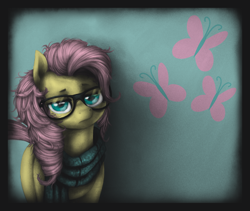 Size: 1280x1080 | Tagged: safe, artist:thepolymath, artist:ventious, edit, fluttershy, pegasus, pony, clothes, cutie mark background, glasses, hipster, hipstershy, scarf, solo