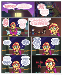 Size: 868x1026 | Tagged: safe, artist:crydius, sunset shimmer, oc, oc:crydius, oc:gamma, comic:meet the princesses, equestria girls, alarm clock, android, barefoot, bed, bedroom eyes, bedsheets, bedside stand, blanket, book, bookshelf, box, boxes, catgirl, catra, chair, clock, clothes, comic, computer, computer screen, cutie mark, drapes, electric guitar, exclamation point, feet, female, floor, frown, glowing eyes, guitar, happy, holding, house, jacket, lava lamp, leather jacket, lights, magical lesbian spawn, male, musical instrument, necktie, nervous, night, night sky, offspring, pajamas, panic, pants, parent:sci-twi, parent:sunset shimmer, parent:twilight sparkle, parents:scitwishimmer, pen, pencil, pillow, plant, pot, question mark, roof, rug, scientific lesbian spawn, shelf, shirt, shit just got real, sitting, sky, smiling, speech bubble, sunset's apartment, sunset's journal, sweat, sweatdrop, symbol, thought bubble, vest, wall of tags, window, writing